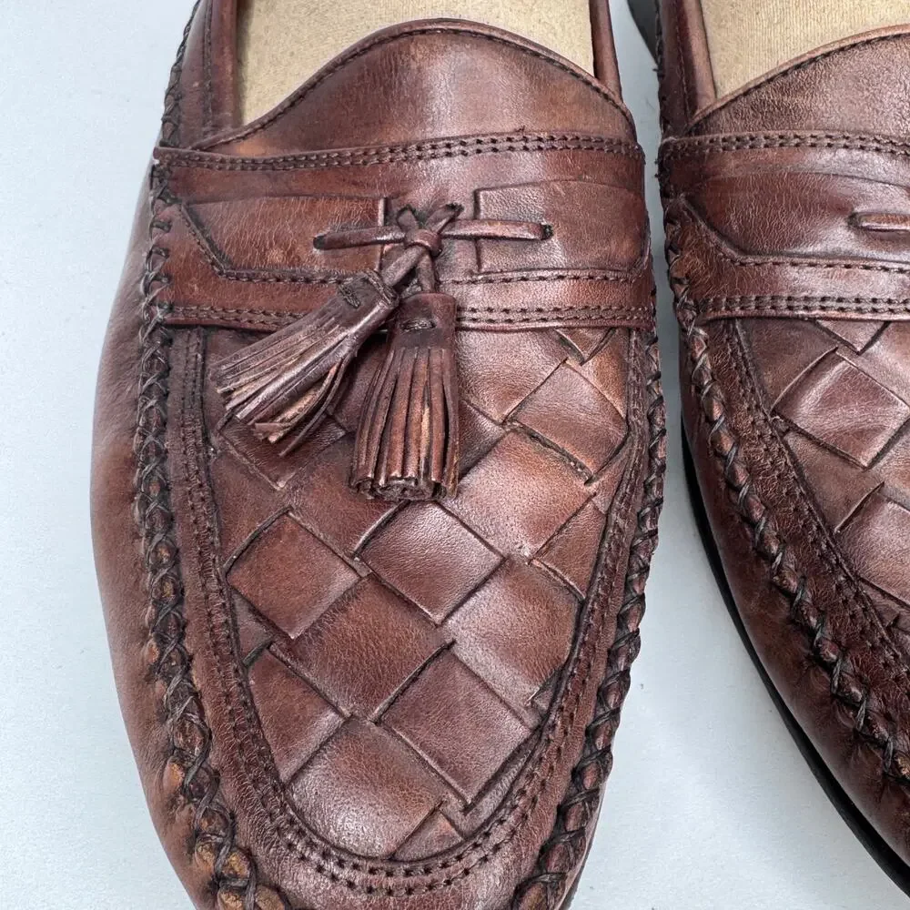 1990s Johnston & Murphy Brown Leather Preppy Woven Tassel Loafers Men’s 10.5M